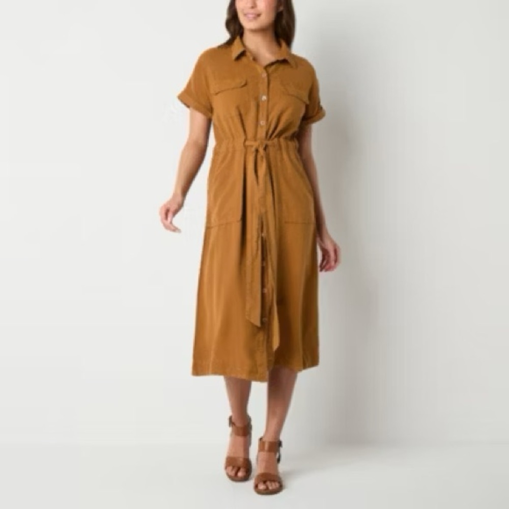 a.n.a. Linen Blend Midi Shirt Dress Tie Waist Button Front Brown M NWT - Picture 4 of 12